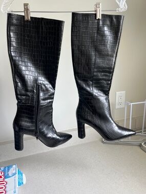Aqua Black Croc-Embossed Knee Boots with Block Heel